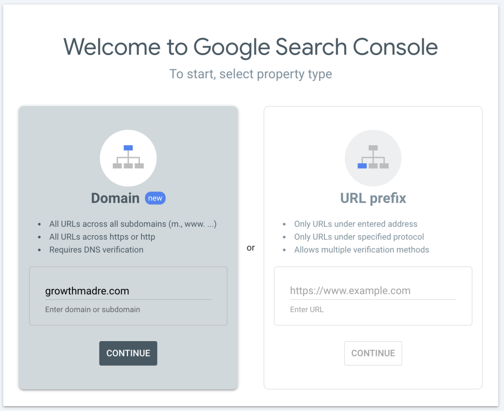 Google Search Console welcome screen showing options to add a domain or a URL prefix.